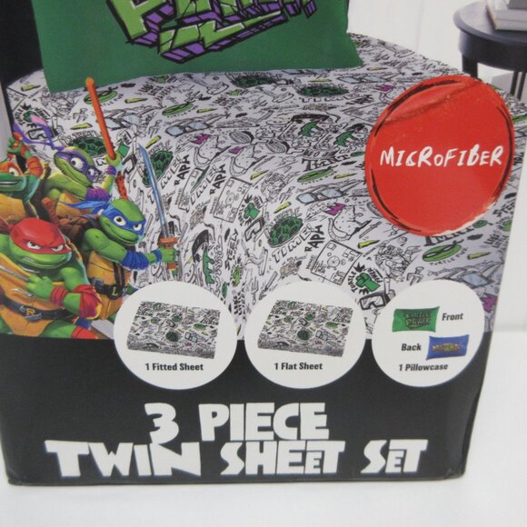 Teenage Mutant Ninja Turtles Kids Twin Sheet Set 3Pcs Nickelodeon White Green - Picture 2 of 9